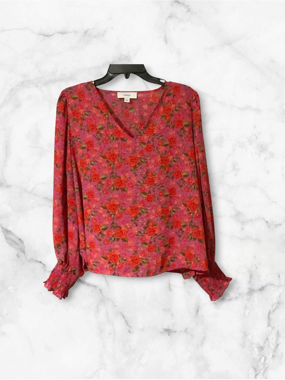 CeCe Pink and Red Floral V-Neck Blouse